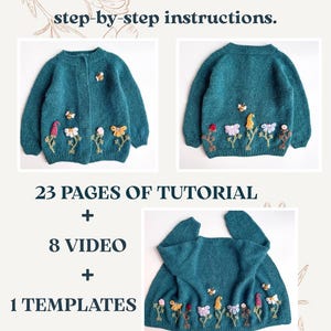 May include: Teal knitted cardigan with embroidered floral and butterfly details. The image includes text that reads: "Includes a video file with step-by-step instructions." and "23 PAGES OF TUTORIAL + 8 VIDEO + 1 TEMPLATES."