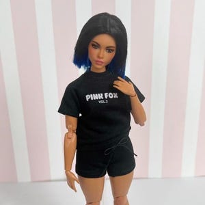 Doll T-shirt & shorts set, "Pink Fox" print. Fits 12" dolls, 1:6 scale. Cozy style, dollhouse decor. Female fashion doll Doll clothes. Black