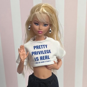 Doll crop top T-shirt, "Pretty Privilege" print. Fits 12" dolls, 1:6 scale Dollhouse decor. Female fashion doll clothes