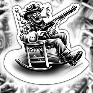 Puede incluir: Pegatina en blanco y negro que representa a un hombre barbudo con sombrero de vaquero, fumando en pipa y sosteniendo una escopeta mientras est&aacute; sentado en una mecedora. Una jarra con "XXX" est&aacute; sobre la mesita. La pegatina tiene un borde blanco.