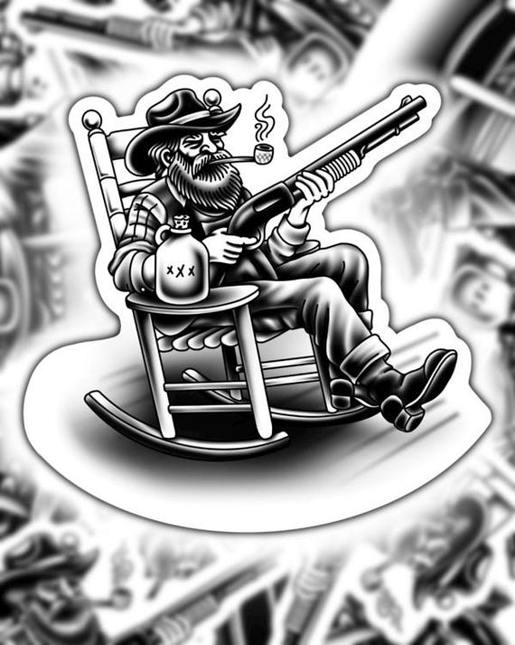 Old School Mountain Man - by: David Lee Lough Porch Rocking Chair - moonshine jug shotgun
