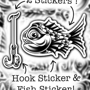 Könnte beinhalten: Schwarz-weiße Aufkleber mit einem Fisch- und Haken-Design. Der Fisch hat detaillierte Schuppen und scharfe Zähne. Der Haken ist ein klassisches Angelhaken-Design. Der Text auf dem Bild lautet "2 Stickers!" und "Hook Sticker & Fish Sticker!"