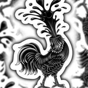 May include: Black and white sticker featuring a stylized rooster with a unique design. The rooster's head is replaced with a splash of black liquid. The sticker has a white border and is suitable for various applications.