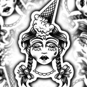 Adesivo de vinil estilo tatuagem F**k Luck – Decalque estético alternativo, sorvete, má sorte, garota triste, design engraçado e fofo por David Lee Lough