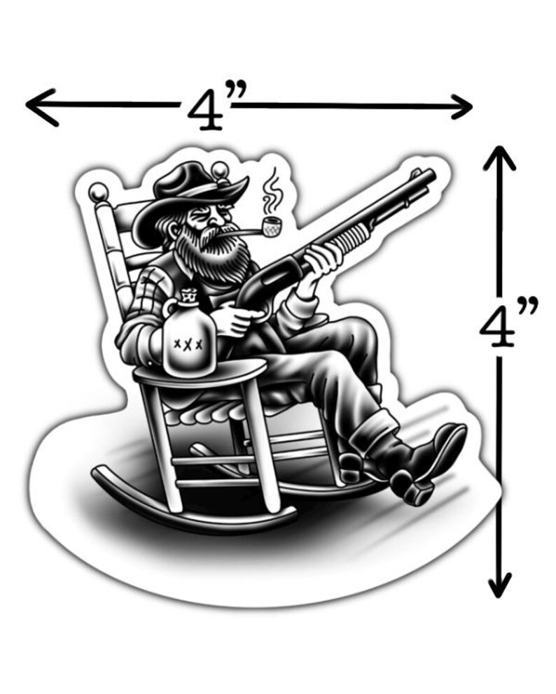 Puede incluir: Adhesivo en blanco y negro de un hombre barbudo en una mecedora sosteniendo una escopeta y fumando en pipa. El adhesivo mide 10 cm por 10 cm y presenta una jarra con "XXX".