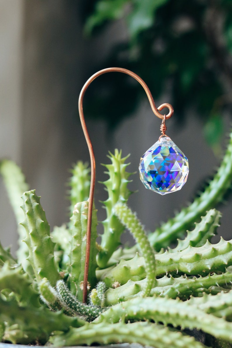 May include: A copper wire plant stake with a crystal prism hanging from it. The stake is placed in a pot of green cactus plants.