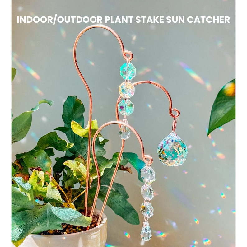 Copper Plant Stake Sun Catcher – Prism Rainbow Maker, Plant Stake, Garden decor, Gift for Plant Lovers, gifts for her, home decor, Christmas image 1