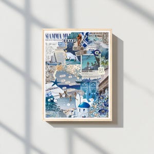 Collage de impresiones de Mamma Mia, arte de pared, impresiones azules, decoración de habitaciones, impresiones estéticas, arte de pared de moda, ilustración moderna de playa para decoración del hogar