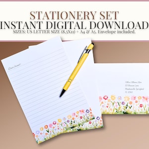 Blumen Briefpapier Set - Druckbare Briefpapiere + Umschlag - US Letter, A4 & A5 - Sofortiger digitaler Download