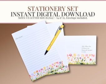 Blommigt brevpappersset - Utskrivbara brevpapper + kuvert - US Letter, A4 och A5 - Omedelbar digital nedladdning