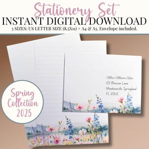 Papelería floral primaveral imprimible - Papel de carta y sobres imprimibles / A4, A5 y carta / Con y sin raya / Descarga instantánea