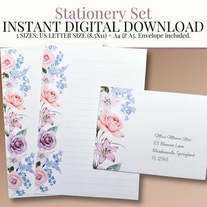 Ensemble de papeterie florale imprimable - Papier à lettres avec enveloppes - Téléchargement numérique instantané - A5, A4 et US Letter - Avec ou sans doublure
