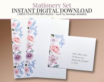 Afdrukbare briefpapierset met bloemen: briefpapier en envelop (digitale download)