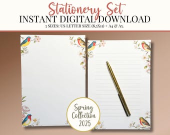 Floral Bird Stationery Set: Lined & Unlined Writing Paper (Digital Download)