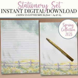 Conjunto de papelaria Spring Meadow para impressão - Papel para escrever cartas, download digital, tamanho carta A4 A5 EUA, pautado, sem pauta, design pastoral em aquarela