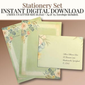 Juego de papelería con motivos florales vintage: papel para escribir imprimible, borde elegante, sobre a juego, tamaños A5, A4 y carta de EE. UU., descarga digital instantánea