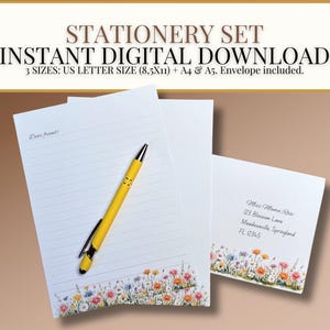 Wildflower Stationery Set - Printable Letter Writing Paper & Envelope | Instant Digital Download in A5, A4 and US Letter Sizes
