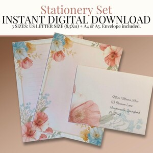 Conjunto de papelaria floral rosa vintage - Papel de carta para impressão - Borda elegante, envelope combinando | A5, A4 e US Letter | Download instantâneo