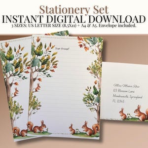 Juego de papelería Forest Squirrel: papel rayado imprimible y sobre, tamaño A5, A4 y carta de EE. UU., descarga digital instantánea