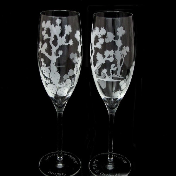 2 Joshua Tree Champagne Flutes, Desert Wedding, Engraved Gift for Bride & Groom, Personalized Present for Couple, Toasting Glasses
