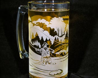 Etched Glass Beer Stein Fly Fisherman with Trout, Birthday, Christmas Present for Angler, Wedding Gift for Groomsmen