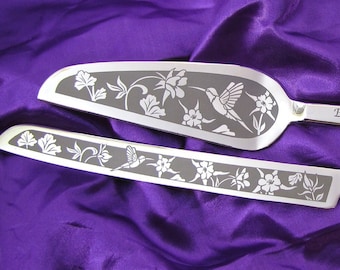 Hummingbird Themed Wedding Cake Server and Knife Set Engraved Gift for Bride and Groom, Present for Couple