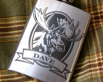 Personalized Hip Flask with Moose, Gift for Man, Outdoorsmen Gifts for Dad, Groomsman Man of Honor Gift