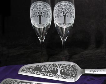 Celtic Tree of Life Champagne Flute Cake Server Set, Wedding Gift for Couple, Irish Woodsy Bohemian