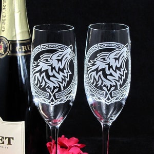 2 Personalized Wolf Champagne Flutes Celtic Nordic design