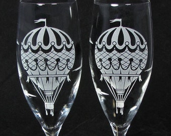 2 Hot Air Balloon Champagne Glasses Vintage-Style Gas Balloon, Personalized Travel Themed Wedding Decor, Valentines Day Gift