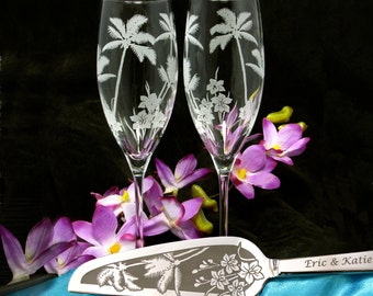Personalized Cake Server and Knife, Champagne Flutes, Palm Trees for Tropical Theme Wedding
