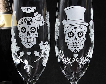 2 Day of the Dead Wedding Champagne Flutes Personalized Champagne Glasses Dia De Los Muertos Quinceanera