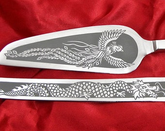 Dragon and Phoenix Asian Wedding, Personalized Cake Server and Knife Set, Chinese Feng Shui