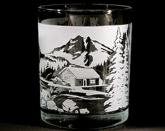 Etched Glass Whiskey Glass, Mountain Cabin in the Woods, Unique Gift for Man, Rocks Old Fashioned Tumbler