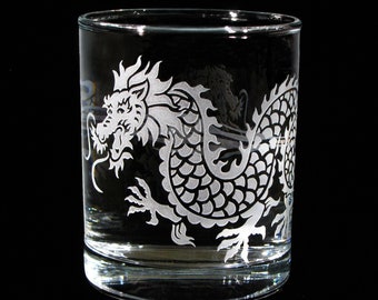 Engraved Chinese Dragon Whiskey Glass Unique Gift for Man, Asian Japanese Double Old Fashioned Tumbler