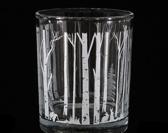 Aspen Trees Whiskey Glass, Bourbon Tumbler, Double Old Fashioned Rocks Glass