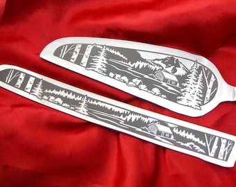 Mountain Cabin Wedding Cake Server and Knife Set, Personalized Western Wedding