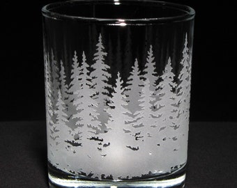 NEW Fir and Pine Forest Whiskey Glass Valentines Day Gift, Bourbon Tumbler, Double Old Fashioned Rocks Glass