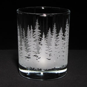 Fir and Pine Forest Etched Whiskey Glass, Bourbon Tumbler