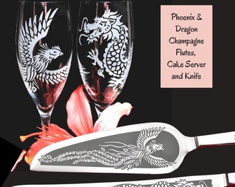Phoenix and Dragon Wedding Decor Cake Server Champagne Flute Set, Bespoke Gift, Personalized for Bride & Groom, Chinese Wedding, Asian