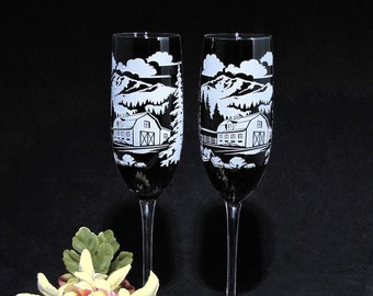 2 Barn Wedding Champagne Flutes Outdoor Rustic Mountain Wedding, Colorado Montana Wedding Table Reception Decor