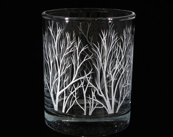 Winter Tree Branches Whiskey Glass, Bourbon Tumbler, Double Old Fashioned Rocks Glass