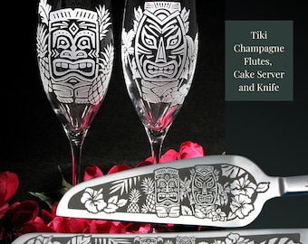 Hawaiian Tiki Wedding Set Cake Server and Champagne Glasses, Engraved and Personalized Wedding Present