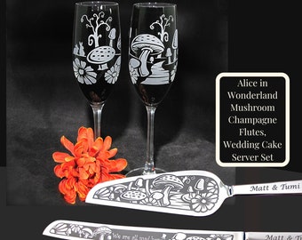 Alice in Wonderland Mushrooms Champagne Flute and Cake Server Set, Unique Wedding Gift for Couple