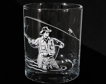 Etched Glass Whiskey Glass with Fly Fisherman Gift for Man, Double Old Fashioned Rocks Tumbler