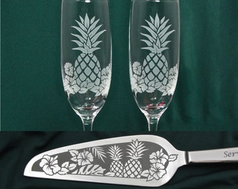 Pineapple Wedding Decor Cake Server & Champagne Flute Set, Bespoke Gift for Couple, Hawaii Tropical Wedding