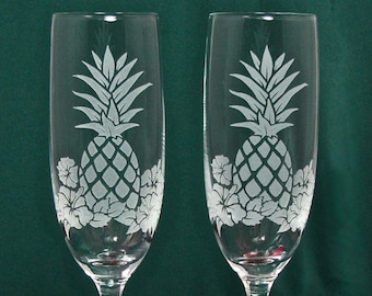 2 Pineapple and Hibiscus Wedding Champagne Flutes, Engraved and Personalized
