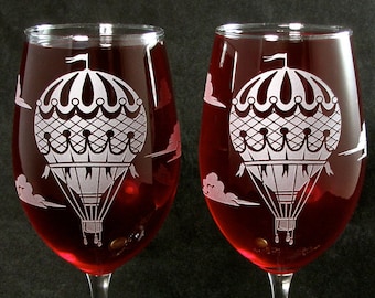 2 Hot Air Balloon Wine Glasses, Wedding Gift, Birthday Present for Travel Lovers