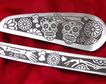 Day of the Dead Sugar Skull Wedding Cake Server and Knife, Personalized Wedding Gift Present for Couple