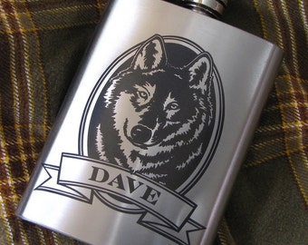 Personalized Wolf Flask Birthday Present Gift Idea for Boyfriend, Husband, Dad, Flask for Man, Valentines Day Gift for Boyfriend, Dire Wolf